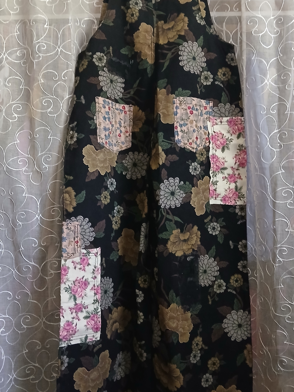 POL Black Wide Leg Overall with Gold Floral and Olive Leaf Accents - Picture 7 of 7